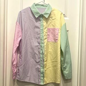 Striped Long Sleeve Color Block Oversized Button Down Shirt Blouse